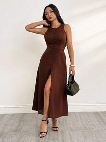 SHEIN PETITE Elegant Solid Color Front Button Sleeveless Dress, Summer,Thanksgiving Outfit For Women,Brown Skirt,Luxury Evening Dress For Women,Elegant Dresses For Ladies