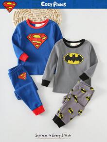 SUPERMAN X Cozy Pixies 4pcs Baby Boy Cartoon Print Soft Knit Crew Neck Long Sleeve Top And Elastic Waist Long Pants Snug Fit Pajama Set, Suitable For Autumn/Winter Boys  Pajamas Fall - Grey - View 9