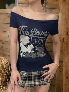 SHEIN EZwear Summer Navy Blue Printed Knit Off Shoulder Tee