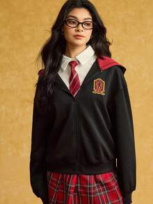 HARRY POTTER X SHEIN Women's Casual Badge Patch Zip-Up Hoodie Sweatshirt, Autumn - Black - View 3