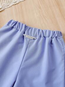 Sparklyn 3 件套年轻女孩时尚白色圆领长袖 T 恤 + 串珠粉色西装背心 + 松紧腰阔腿裤，适合日常、休闲、学校、所有季节 - 藍色 - 查看 6