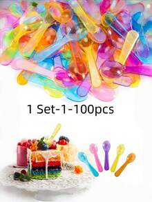 SHEIN 50pcs/100pcs-Colored Taster Spoons, Plastic Mini Spoons Multi-Color, Small Dessert Spoons, Ice Cream Spoons For Crafts, Tasting, Sampling ,Tasting Cake, Yogurt, Jam,Color Random