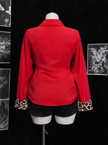 Sunspun Plus Size Sexy Leopard Print Contrast Color Fitted Shirt