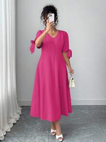 Elenzga Plus Size Solid Color V-Neck Bow Elegant Dress - Hot Pink - View 3