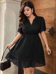 Calvaya Vestido corto elegante y digno de corte evasé con cuello en V para mujer de talla grande (sin cinturón), de verano - Negro - Ver 6