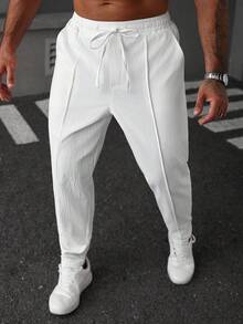 Manfinity CasualCool 男士宽松抽绳腰白线裤，街头潮流，复古风，秋季 - 白色 - 查看 4