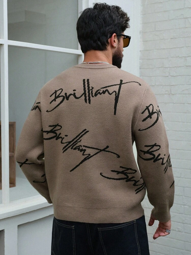 Men's Artistic Letter Jacquard Brown Sweater, Autumn/Winter