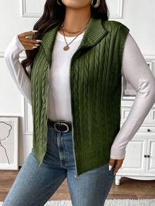 EMERY ROSE Plus Size Women Solid Color Knitted Mock Neck Cable Knit Collegiate Style Zip Front Vest, Autumn/Winter - Olive Green - View 3