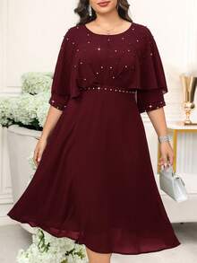 SHEIN Clasi Váy choàng đính đá trang trí thanh lịch cỡ lớn dành cho nữ, mùa hè - Màu Đỏ Sâu - Xem 4