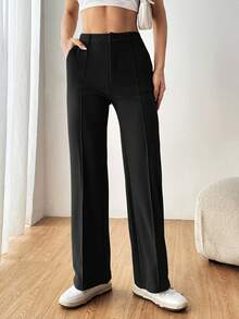 SHEIN PETITE CURVE Quần ống đứng màu trơn đơn giản, tối giản, thoải mái, dễ mặc, cỡ lớn dành cho nữ, đi làm, đi chơi - màu đen - Xem 6