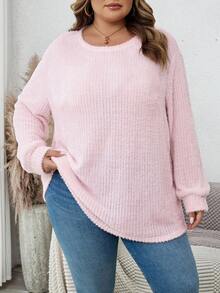 SHEIN CURVE+ 大码户外上衣，大码休闲圆领落肩宽松长袖T恤，秋季大码服装 - 粉色 - 查看 3