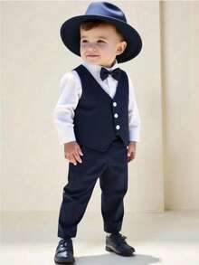 SHEIN 4pcs Formal Gentleman Outfit For Baby Boy, Including White Long Sleeve Shirt, Bowknot, Single-Breasted Vest, Elastic Waist Suspender Pants, And Hat. Vintage Gentleman Style Suitable For Holidays, Formal Occasions, Weddings, Performances, Parties, Birthdays, Back To School, Christmas, And Graduations. Fall Winter