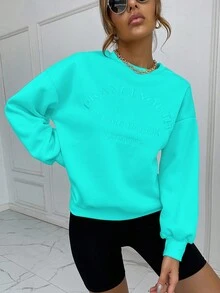 SHEIN Unity Women's Letter Embroidery Solid Color Crew Neck Long Sleeve Long Sweatshirt - Green - View 3