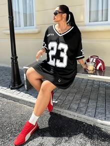 SHEIN EZwear Plus Size Casual Street V-Neck T-Shirt Dress With Letter Print & Mid-Length Sleeves