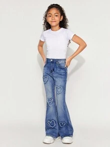 Radiana Tween Girls Y2K Fashion Stonewashed Heart Pattern High Waist Flare Leg Jeans, Girls Fall Clothes Streetwear Outfits - Medium Wash - View 6