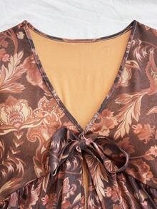 Soleia 女式复古印花 V 领系带前蝴蝶结喇叭袖不对称荷叶边下摆上衣，适合度假、返校、约会、派对、音乐节、波西米亚风 - 彩色 - 查看 4