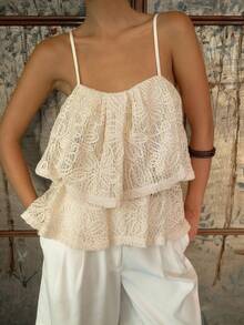 SHEIN Frenchy Women's Elegant Embroidered Lace Camisole,White Floral Double-Layered Ruffle Puffy Hem Top,Cream Summer Casual Vacation Top Suitable For All Seasons - Apricot - View 2