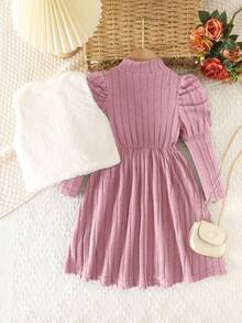 Elladie kids 女孩优雅高领泡泡袖收腰纯色纹理连衣裙和短款圆领毛绒蝴蝶结装饰背心套装，秋冬 - 粉色 - 查看 2