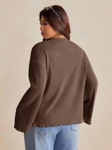 Elaquor Plus Size Pearl Button Deep V-Neck Long-Sleeved Knitted Coat Clothing Cardigans Brown Sweaters Curve Cardigan Earthy Size/Spring Fall - Coffee Brown - View 3