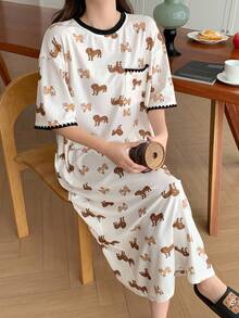 DAZY 小狗印花刺绣撞色边宽松女式睡袍睡衣 - 杏色 - 查看 5