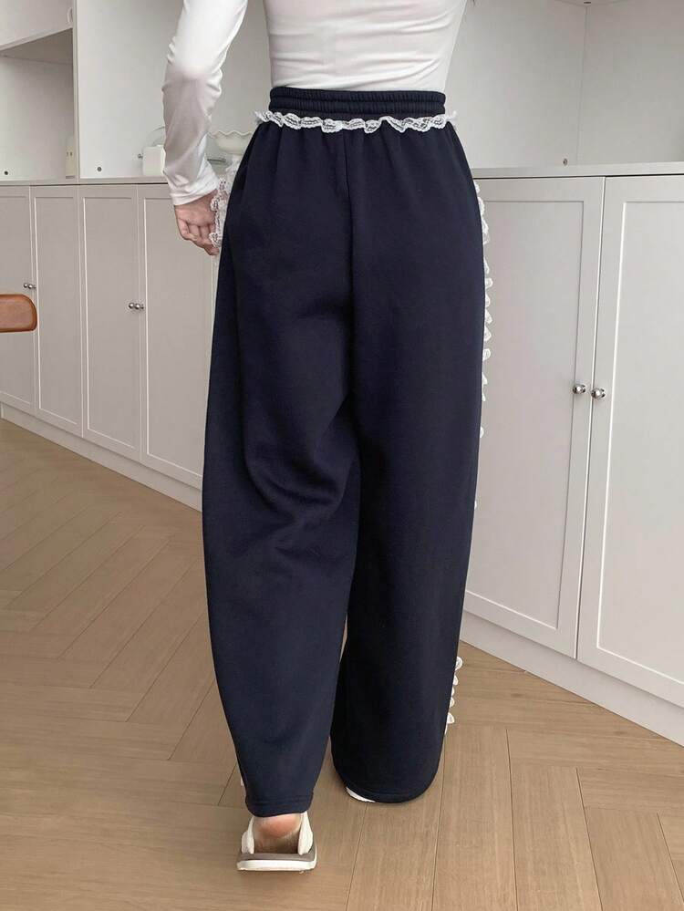 Contrast Color Lace Trim Patchwork Loose Women Pajama Bottoms, Fall