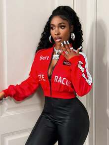 BamGleam Giacca corta con chiusura lampo e blocchi di colore a contrasto, di moda e versatile per le donne - Rosso - Visualizzare 5