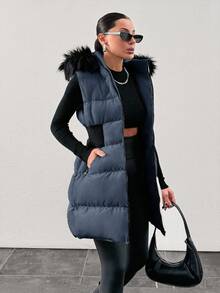 EURMUSE Fuzzy Trim Hooded Puffer Vest Coat - Dusty Blue - View 6