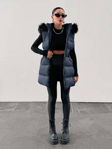 EURMUSE Fuzzy Trim Hooded Puffer Vest Coat - Dusty Blue - View 8