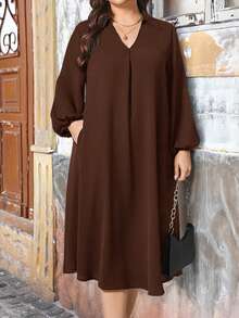 SHEIN Essnce Plus Size Women Spring And Summer Fashion Casual Loose Comfortable Cool Daily Brown V-Neck Long Sleeve Mid-Length Dress, Conservative Dress,Church Clothes Women,Old Money Style,Modesty Clothes Women,Fall Outfits/Fall/Winter - Brown - View 7