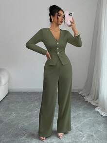 Selianne Bộ vest blazer dài tay thanh lịch và quần âu cho nữ, phong cách công sở/đi làm, phù hợp cho mùa hè, ngày độc lập, tốt nghiệp, trở lại trường - màu xanh lá - Xem 4