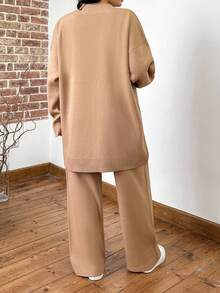 EURMUSE 大码女式图案开衫和毛衣裤套装，适合冬季 - 駝色 - 查看 2