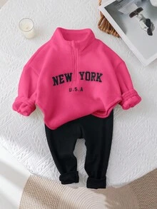 SHEIN Baby Girls' Cute Letter Print Thermal Lined Stand Collar Sweatshirt And Elastic Waist Pants Set, Autumn/Winter - Multicolor - View 5