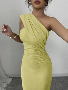 Elenzga 女装新款杏色欧美时尚优雅宴会轻熟高级感斜肩披肩性感抹胸百褶收腰提臀修身后开叉性感闪亮丝光闪针织弹力优雅舒适约会宴会情人节长连衣裙 - 黃色 - 查看 7