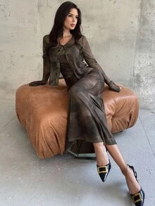 Firerie Elegant Date Holiday Mesh Tie-Die Printed Swing Dress With Flare Sleeve Top 2pcs/Set - Brown - View 6