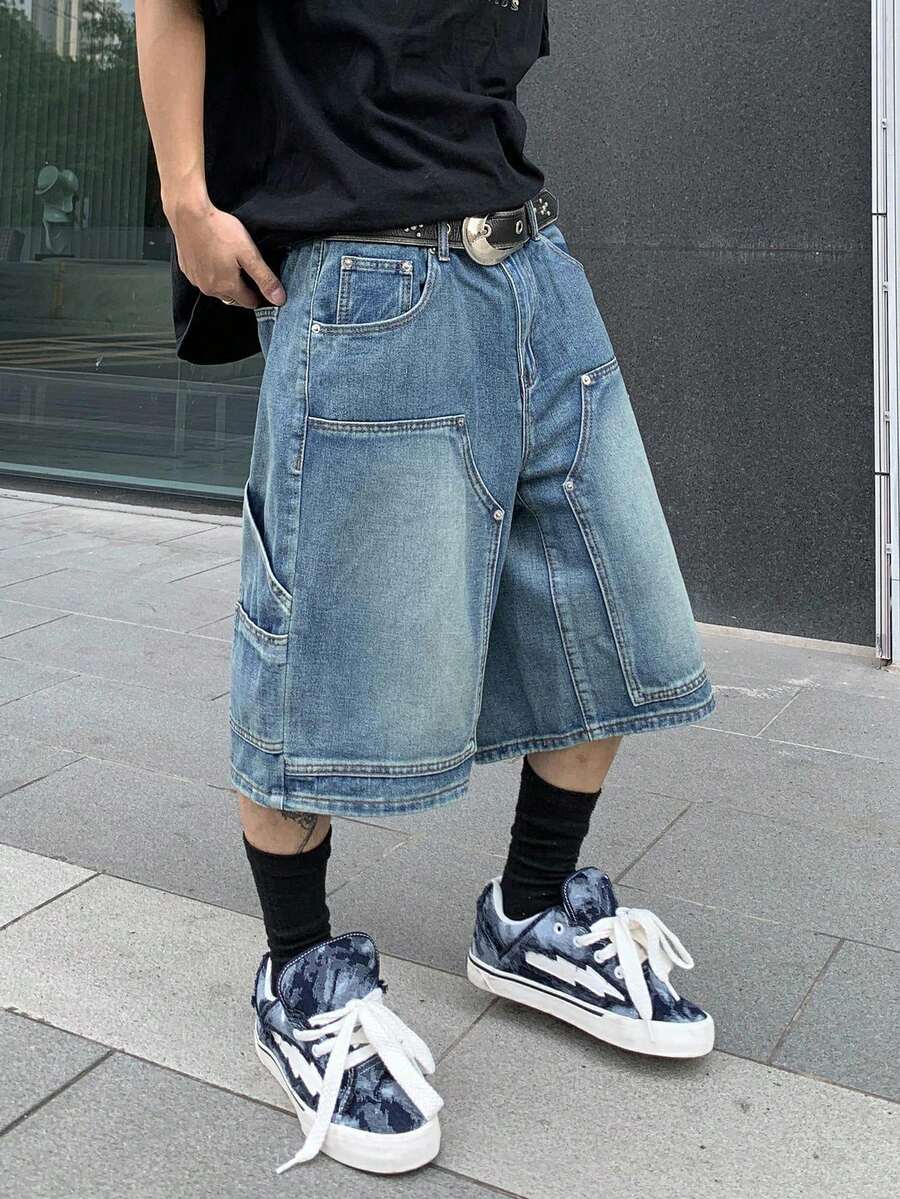 Manfinity EMRG 休闲宽松纽扣口袋阔腿男士牛仔短裤 - 藍色 - 查看 1