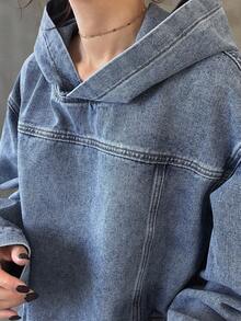FRIFUL 女士宽松休闲连帽牛仔夹克 - 藍色 - 查看 5