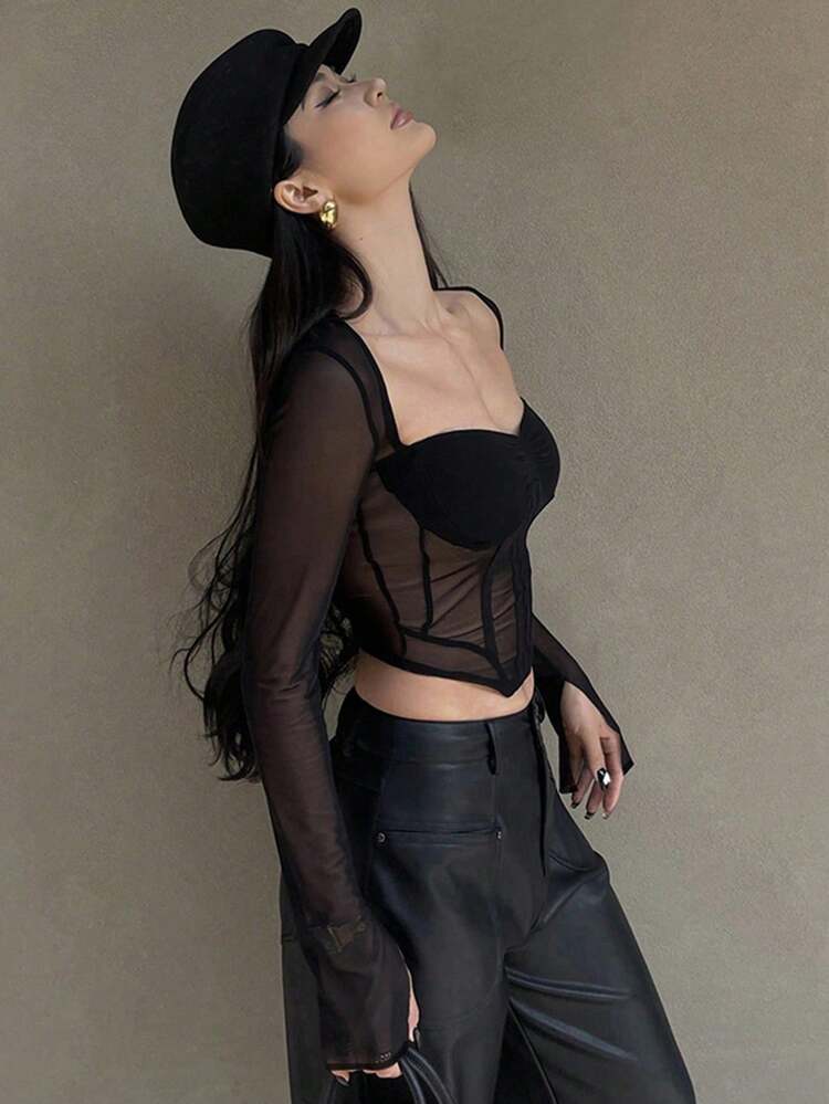 Solid Color Mesh Cropped Wrap Around Sexy Women Top Long Sleeve Women Tops