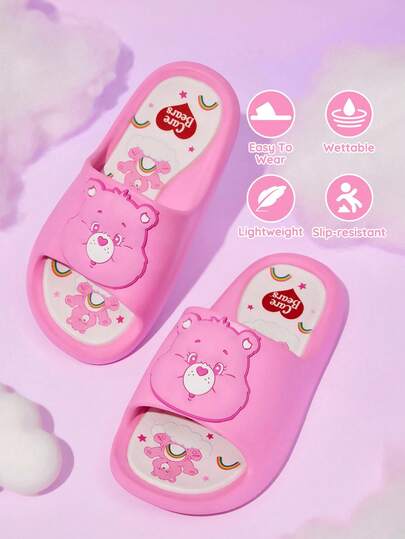 SHEIN X Care Bears 可爱卡通粉色女童彩虹儿童一脚蹬拖鞋幼儿和儿童防滑速干淋浴滑梯，轻便耐用的 EVA 材质，适合室内、浴室、游乐场、游泳池、海滩室内室外