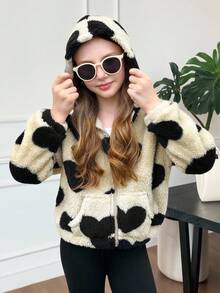 SHEIN Serisse Kids Kurtka z polaru dla dziewczynek w kształcie serca, z kapturem i zamkiem błyskawicznym, idealna na jesień/zimę, idealna na zewnątrz i do szkoły