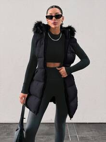 EURMUSE Padded Vest With Furry Hood And Adjustable Waist, Two Side Pockets, Thick And Fashionable Puffer Jacket, Quilting Details - Black - View 1