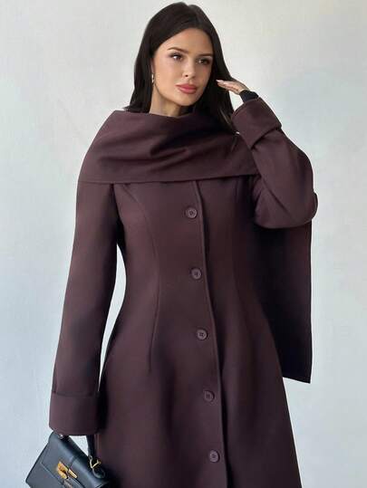 Firerie معطف بني طويل بياقة وأزرار عريضة، أنيق ومتنوع للارتداء اليومي والموضة الشارعية الجديدة، ملائم للنساء في فصل الخريف والشتاء