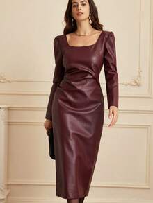 GENKIRA New Arrival PU Fabric Elegant High-End Classy Square Collar Waist Cinched Slit Maxi Long Sleeve Dress - Burgundy - View 5