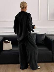 DAZY 西部风沙滩度假纯色牛仔效果亚麻宽松休闲两件套女装，春秋季西装套装女式休闲套装