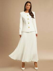 Silquee 女士优雅通勤纯色褶边连衣裙 - 米色 - 查看 3