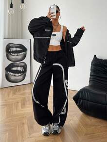 SHEIN EZwear Áo khoác dệt kim màu đen có khóa kéo thường ngày mùa thu dành cho nữ - màu đen - Xem 4