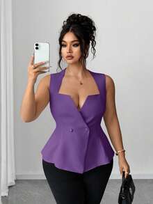 Elenzga Plus Size Women's Notched Deep V-Neck Button Elegant Fitted Blouse - Purple - View 6
