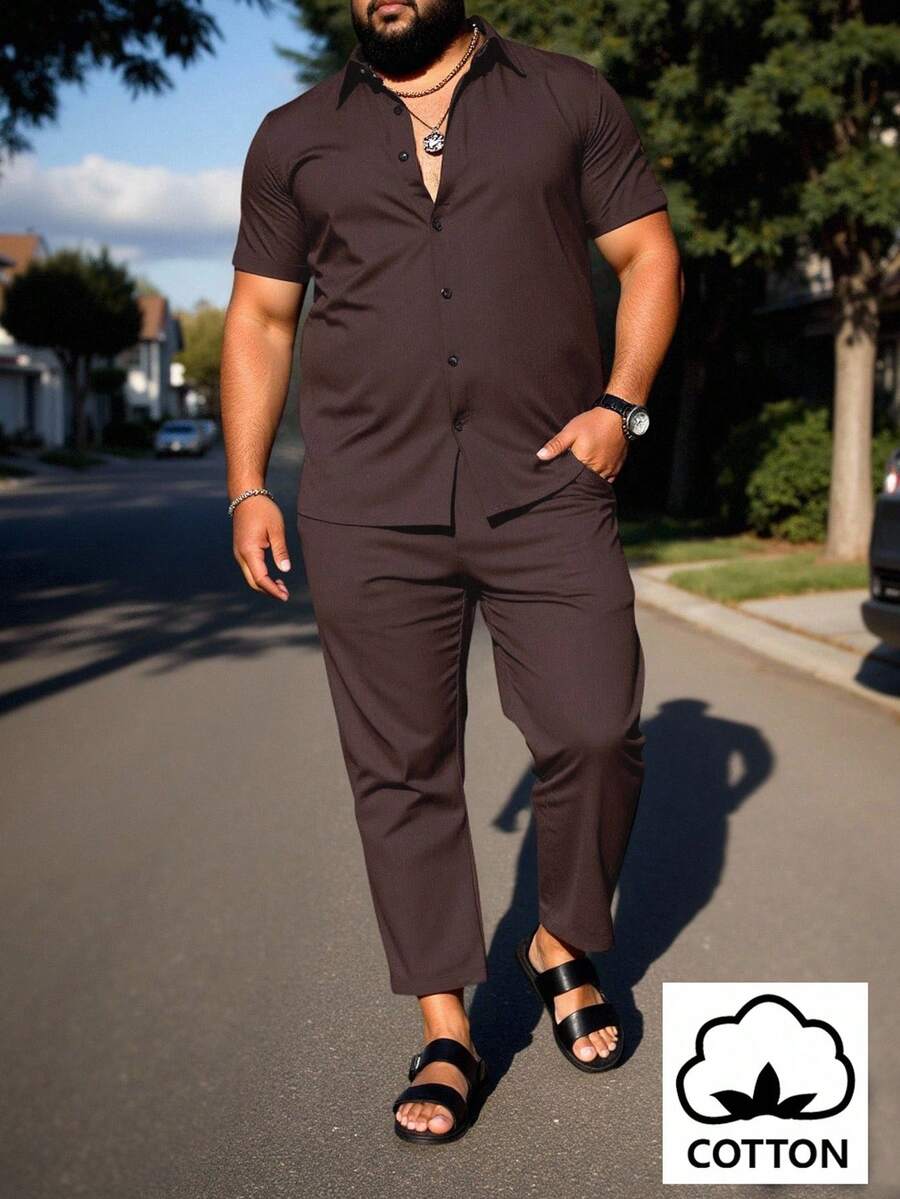 Manfinity Homme Traje casual de talla grande para hombre con camisa de manga corta de un solo pecho y pantalones de unicolor