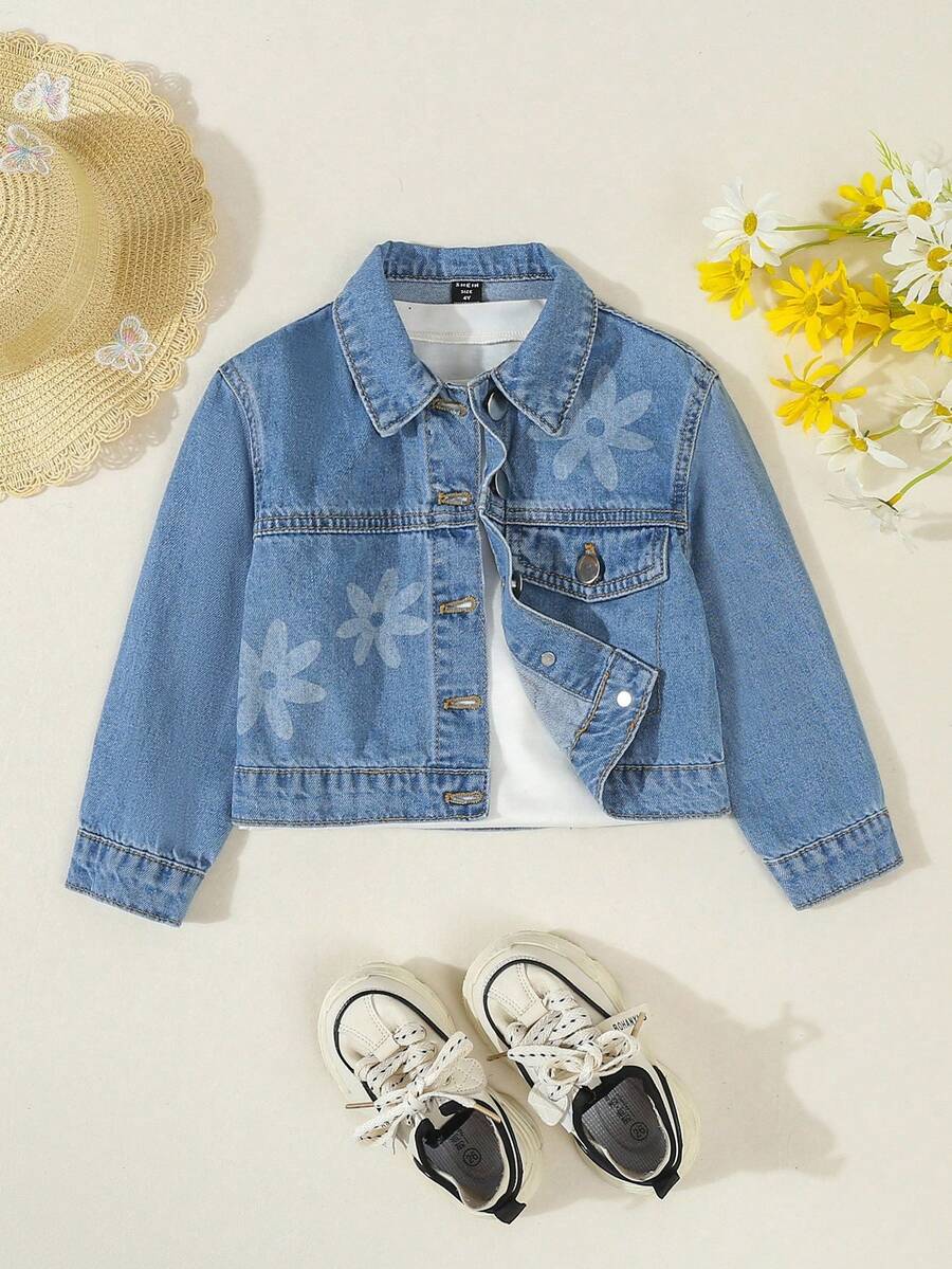 SHEIN Young Girl Floral Print Button Front Casual Long Sleeve Denim Jacket Fall Winter - Medium Wash - View 1
