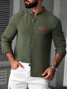 Manfinity CasualCool Men Casual Olive Green Stand Collar Long Sleeve Shirt, Suitable For Daily Wear, Fall - Army Green - View 1