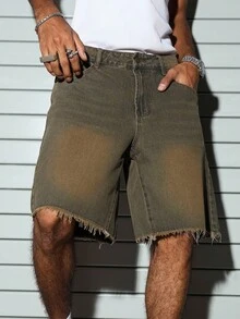 PAVTROS Men's Solid Color Frayed Edge Pocket Loose Casual Denim Shorts - Blue - View 6